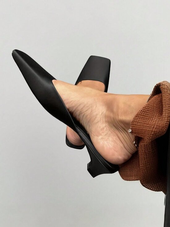 MODA ME COUTURE Shoes - Black Casual Women's Satin Slingback Mules Thick Kitten Heel Slip-On Party Pumps